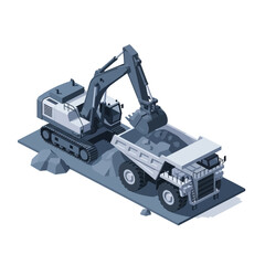 An isometric illustration depicts an excavator loading dirt into a large mining dump truck on a construction site. © islak