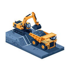 An excavator loads a large mining dump truck with rock and soil in an isometric view of a construction or mining site. © islak