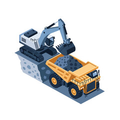 Isometric illustration of an excavator loading rocks into a large mining dump truck at a construction site. © islak