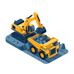 An isometric illustration shows a yellow excavator loading rocks into a large yellow mining dump truck on a blue construction site. © islak