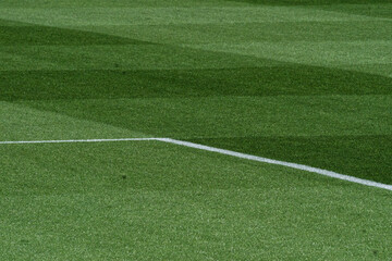 Obraz premium Well-Maintained Football Pitch with Striped Grass Pattern