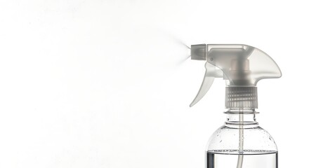Obraz premium Hand spray bottle spraying fine mist isolated on white background with visible water droplets, clean studio lighting, product photography style.