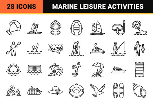 Aquatic recreation and marine sports thin monoline vectors for digital interfaces featuring a crisp black and white minimalist aesthetic.