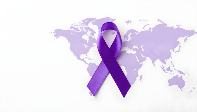 A purple ribbon on a world map represents global awareness and support for cystic fibrosis and its treatment