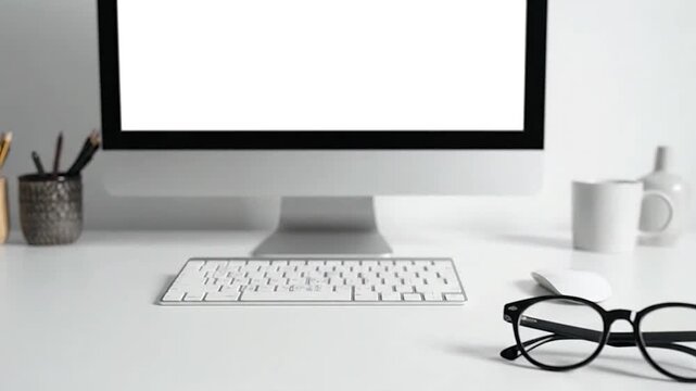Modern desktop computer with a blank screen on a clean white desk in