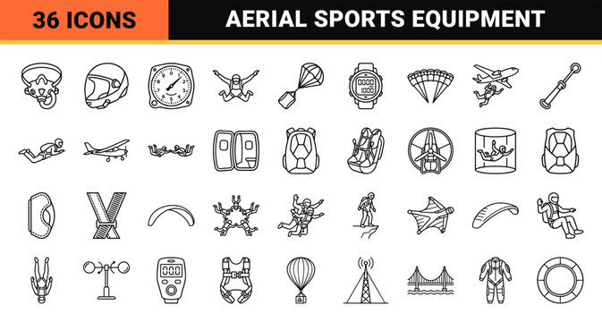 Extreme air sports and skydiving equipment minimal linear symbols featuring sleek technical monoline art for digital interfaces.