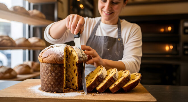 A professional baker in a grey apron slices a large traditional sweet bread topped with icing sugar on a wooden board in a bakery