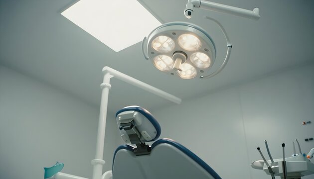 A dentist's office with a chair and light, reflecting a commitment to eco-friendly dental care and holistic oral health practices