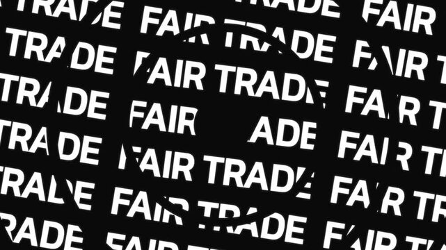 Concentric circles rotating in opposite directions filled with English words forming FAIR TRADE around a center space.