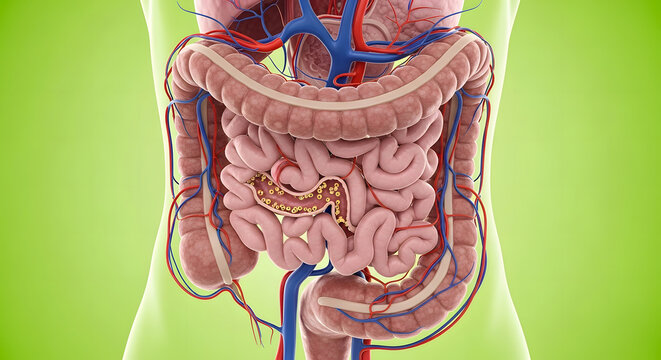 3D Anatomy of Human Colon with Diverticula and Mesenteric Vascular Supply. Highly detailed 3D medical visualization of the human large intestine (colon) highlighting multiple diverticula