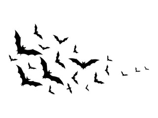 Flock of Black Bats Flying in Night Sky 3D Cartoon Isolated Transparent BG Cutout PNG