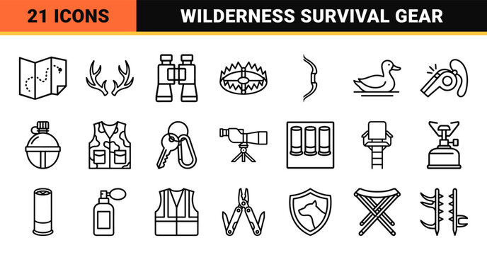 Wilderness Hunting and Outdoor Expedition Monoline Symbols Featuring Hunter Silhouette, Equipment, and Forest Wildlife Technical Line Art