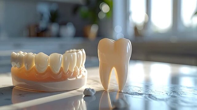 Dental model and a single tooth replica displayed on a reflective surface