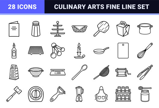 Hospitality Service and Culinary Arts Monoline Icons Featuring Restaurant Catering Symbols and Gourmet Kitchen Equipment in Minimalist Outline Style