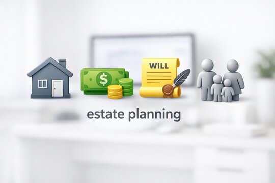 Estate Planning: Symbolic representation of legacy, financial security, and familial heritage. The image embodies the foresight needed for a secure future, with icons of a house, currency, document.