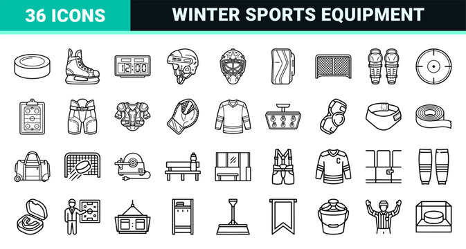 Professional Ice Hockey Equipment and Arena Management Monoline Outline Symbols for Sports Analytics and Competition Signage Systems