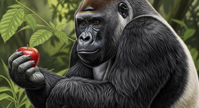 A powerful silverback gorilla holding a red apple in the jungle