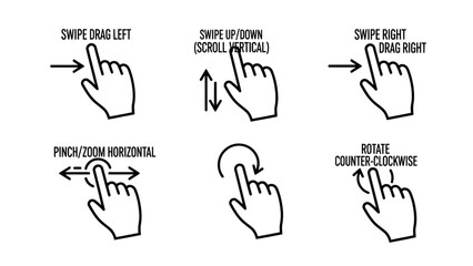 Obraz premium Collection of icons depicting various hand gestures for touch screen interaction, including swipe, pinch, and rotate actions