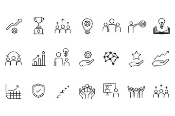 Fototapeta premium Business Strategy and Leadership Line Icons Set – Growth, Teamwork, Analytics and Success Outline Vector Icons. Thin vector pictograms pack for web infographic business social projects