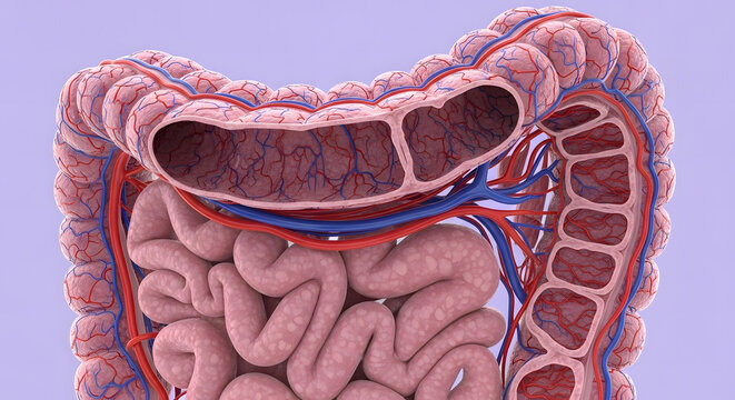 3D Anatomical View of Human Colon with Superior Mesenteric Artery Branching and Vascular Network. Highly detailed 3D medical illustration of the human large intestine (colon)