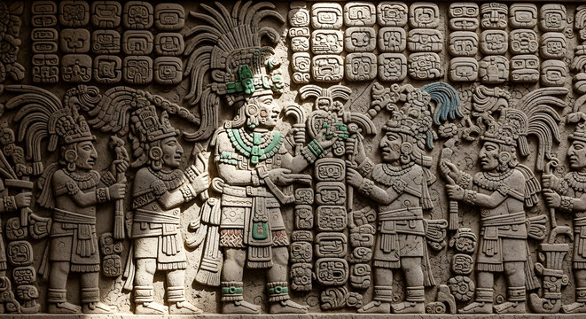 A detailed panoramic stone relief showing a group of figures in traditional ceremonial attire with complex headdresses and patterns