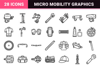 Fototapeta premium Urban Micro-Mobility and Cycling Infrastructure Technical Monoline Outline Symbols for Commercial Transportation Graphics