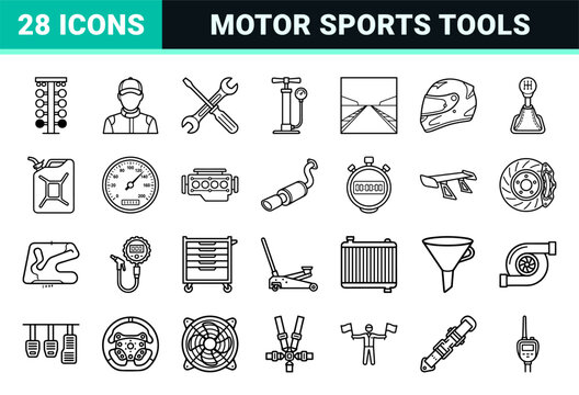 Motor Sports Racing and Automotive Maintenance Technical Monoline Icons featuring Minimalist Outline Symbols for Pit Crew and Track Logistics