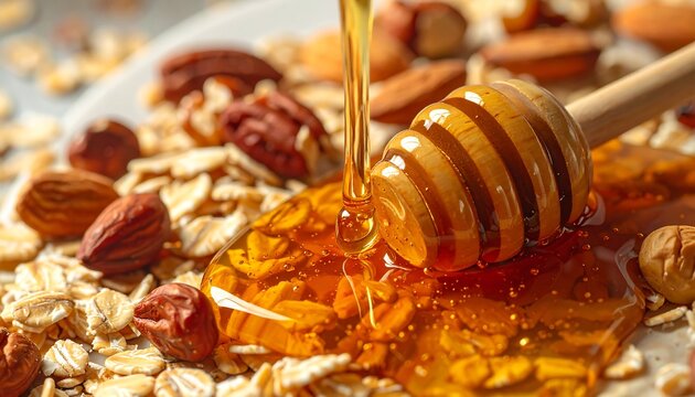 Honey pouring from a wooden dipper onto oats and nuts