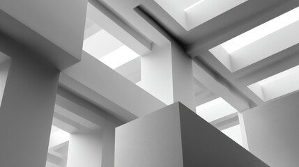 Fototapeta premium Abstract Architectural Composition of Modern White Interior with Geometric Shapes and Natural Light Streaming Through Skylights