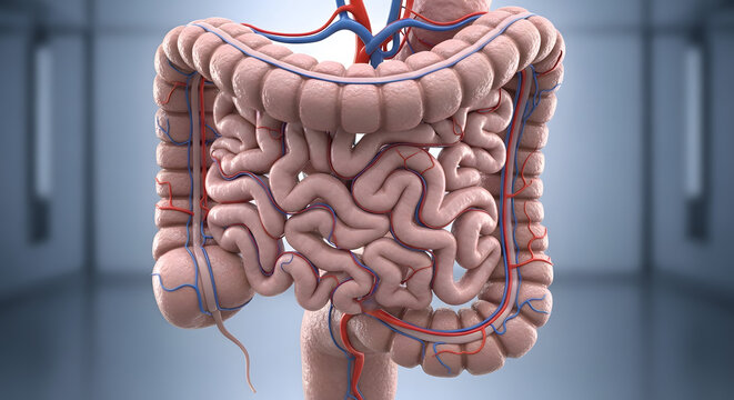 3D Detailed Anatomy of Human Colon with Complete Mesenteric Arteries and Veins. High-resolution 3D anatomical visualization of the human large intestine (colon) featuring realistic haustra