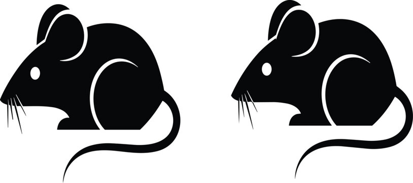 Set of black mouse silhouettes featuring two cute rodents in profile view isolated on white background for nature vector illustration.