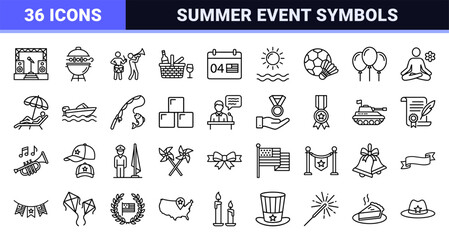 Fototapeta premium Independence Day Celebration Monoline Symbols Featuring Patriotic Events Summer Activities and National Holiday Traditions in Clean Technical Line Art
