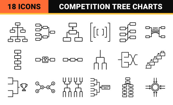 Technical Tournament Bracket Monoline Symbols for Sports Analytics and Competition Playoffs Management Interfaces