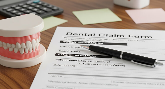 Dental model claim form pen and stationary displayed on a wooden surface on transparent background