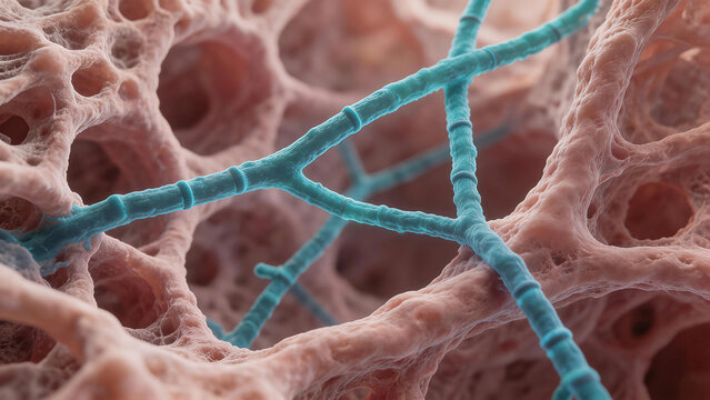 Pathogenic Fungi (Mycology), invasive hyphae of Aspergillus fumigatus in lung tissue, Scanning Electron Microscopy (SEM) aesthetics combined with colorized fluorescence microscopy