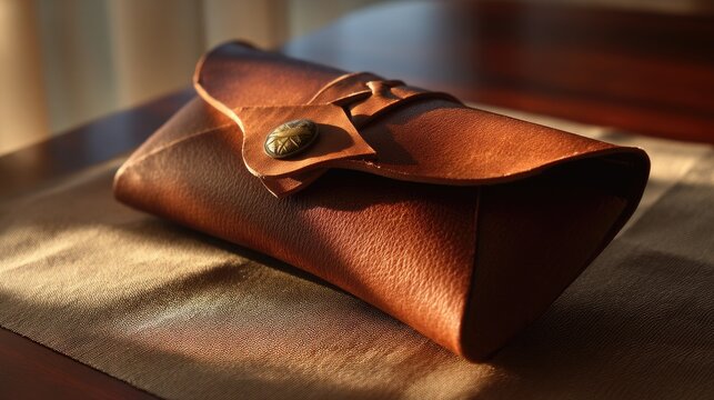 Elegant leather pouch with button closure placed on wooden table illuminated by soft sunlight in a cozy interior setting