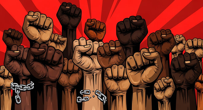 Raised fists of diverse skin tones symbolize resistance and freedom on transparent background