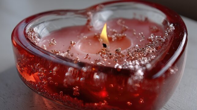 Heart-Shaped Candle with Flickering Flame and Glittering Gel Surroundings for Romantic Moments and Celebrations