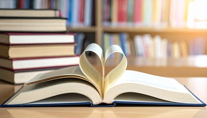Fototapeta premium A heart-shaped book, with carefully folded pages, symbolizes the deep love for reading and the pursuit of knowledge, set against a warm, sunlit backdrop of literature