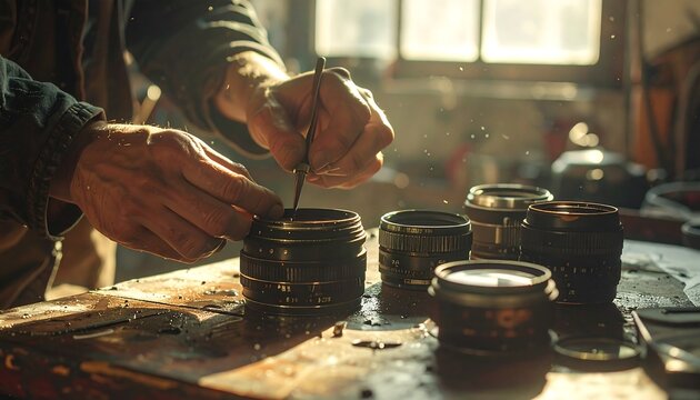 Close-up of a person's hands delicately working on camera lenses with tools in a dimly lit workshop, focusing on the details