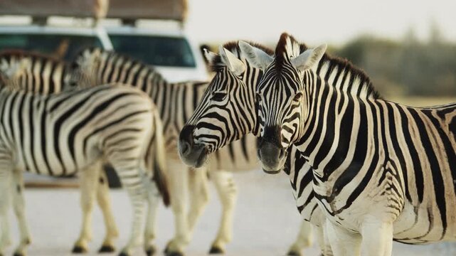 Closeup portrait of herd of wild African zebra standing in savannah. People looking at animals from jeep car. Wild animals of South Africa concept. Safari tourism. Wildlife of Tanzania. Serengeti park