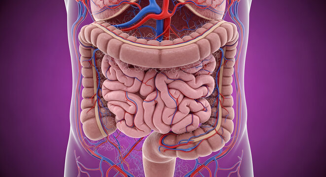 3D Anatomical Illustration of Human Colon with Full Abdominal Vascular Supply and Surrounding Structures Detailed 3D medical rendering of the human large intestine (colon)