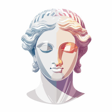 Artistic illustration of a classical Greek goddess bust with dual color lighting