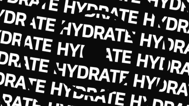 Concentric circles rotating in opposite directions display the word HYDRATE arranged around a center area with empty space.