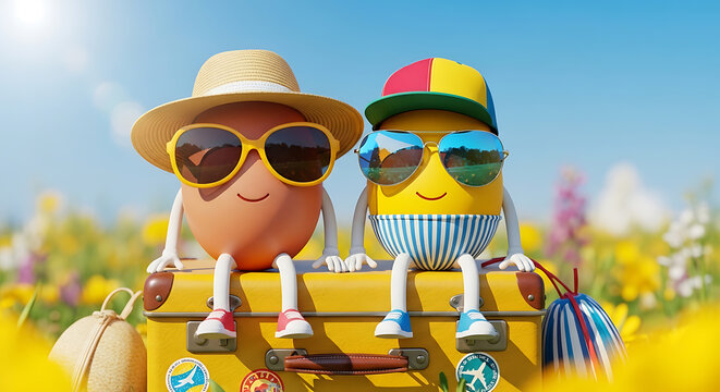 Two cheerful egg characters enjoy a sunny vacation with luggage on transparent background