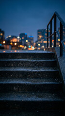 Obraz premium Dusk settles over city stairs leading to blurred urban lights