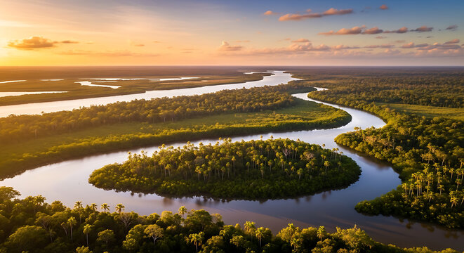 Aerial view of a winding river through lush wetlands at sunset on transparent background