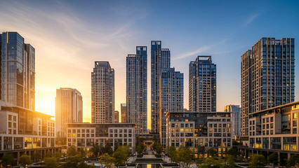 Naklejka premium Financial District Skyline with Evening Lights