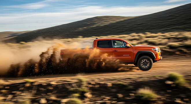 Orange toyota tacoma truck speeding through a dusty off road landscape on transparent background