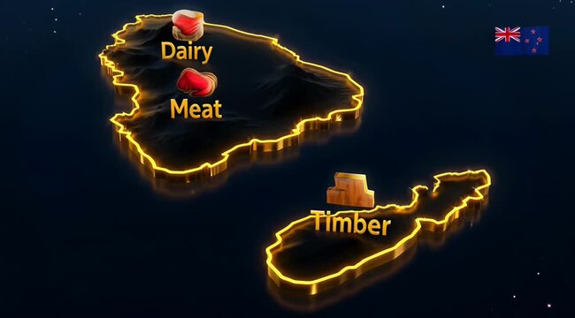 Neon Glowing New Zealand Map with NZ Flag - Dairy Meat Timber Economy Concept